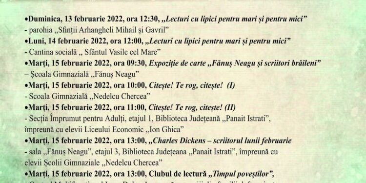Biblioteca Județeană ,,Panait Istrati” Brăila organizează o serie de sesiuni de lectură și expoziții de carte în perioada 13 – 16 februarie 2022