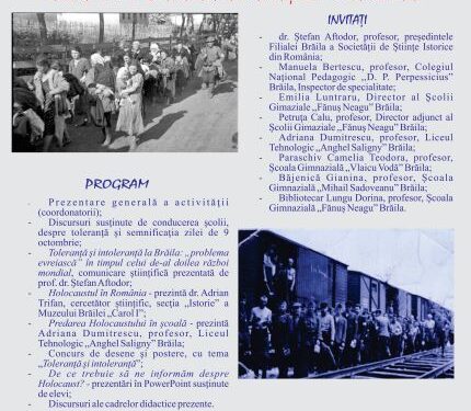 Manifestare dedicată Zilei Holocaustului în România – 9 octombrie, la Școala ”Fănuș Neagu”