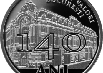 Monedă din argint cu tema 140 de ani de la înființarea Bursei de Valori București