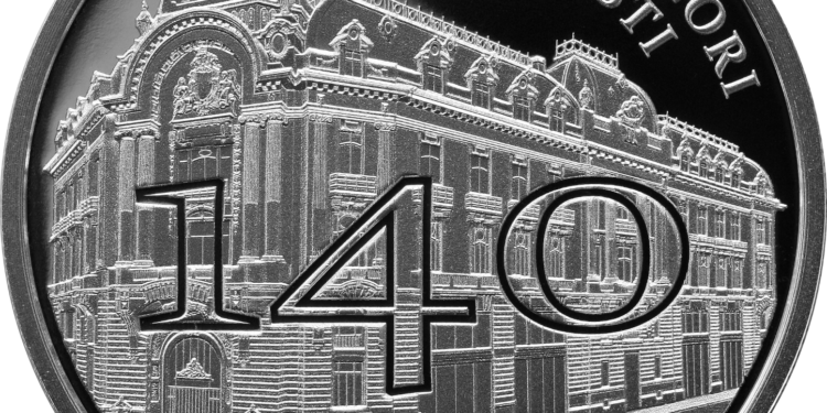 Monedă din argint cu tema 140 de ani de la înființarea Bursei de Valori București