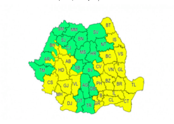 Cod galben de instabilitate atmosferică accentuată începând cu ora 12, până la ora 23