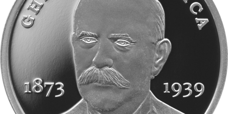 Monedă din argint cu tema 150 de ani de la nașterea lui Gheorghe Țițeica