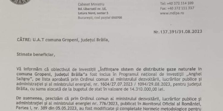 Comuna Gropeni va beneficia de 14.310.000 lei, pentru înființarea sistemului de distribuție a gazelor naturale