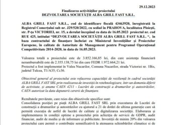 Finalizarea activităţilor proiectului DEZVOLTAREA SOCIETĂȚII ALBA GRILL FAST S.R.L.