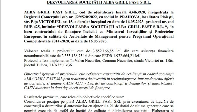 Finalizarea activităţilor proiectului DEZVOLTAREA SOCIETĂȚII ALBA GRILL FAST S.R.L.