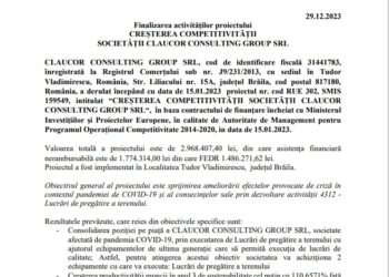 Finalizarea activităţilor proiectului CREȘTEREA COMPETITIVITĂȚII SOCIETĂȚII CLAUCOR CONSULTING GROUP SRL