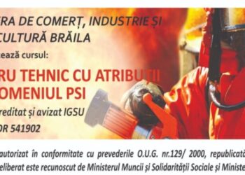 Camera de Comerț, Industrie și Agricultură Brăila organizează Curs Cadru tehnic PSI. Cursul începe pe data de 26 februarie
