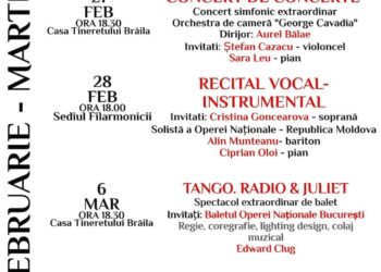 Spectacole pregătite de Filarmonica Lyra-George Cavadia în lunile februarie și martie