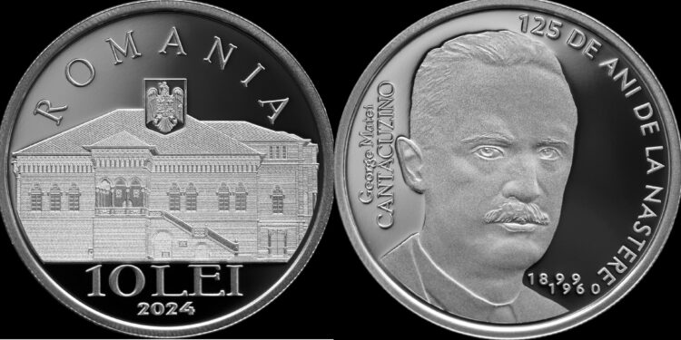 Monedă din argint cu tema 125 de ani de la nașterea lui George Matei Cantacuzino