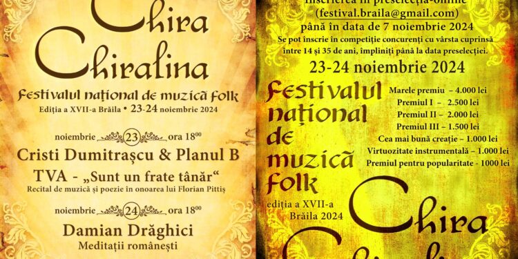 În zilele de 23 și 24 noiembrie are loc a XVII-a ediție a Festivalului Național de Muzică Folk „Chira Chiralina”