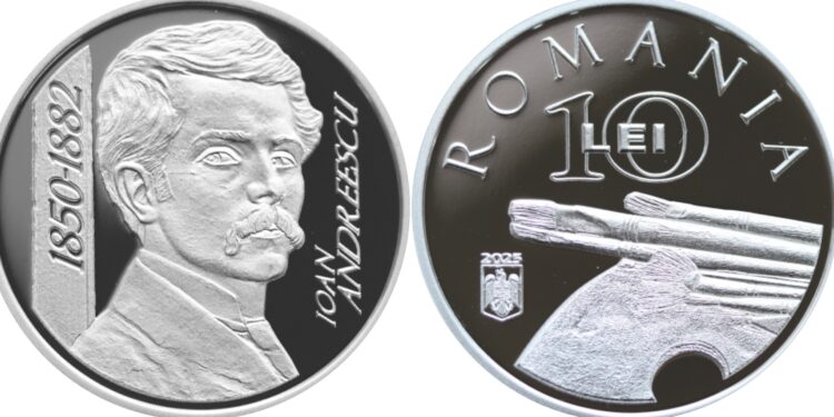 monedă din argint cu tema 175 de ani de la nașterea lui Ioan Andreescu