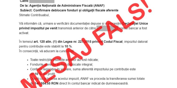 ANAF avertizează cu privire la mesaje false transmise în numele instituției
