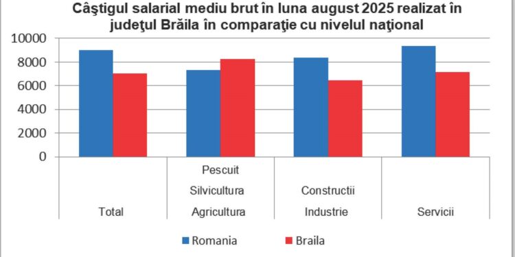 Câștigul salarial mediu nominal brut realizat în județul Brăila în luna august 2025