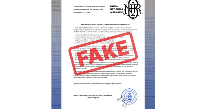 Atenționare privind distribuirea unui document fals atribuit BNR