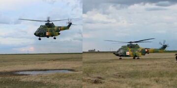 Resturile rachetei aer aer, trasă de piloții italieni, găsite în câmp în localitatea Tătaru, din județul Brăila